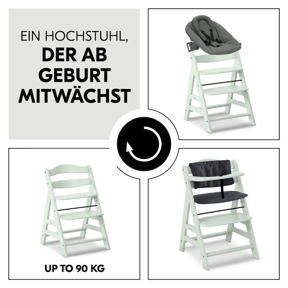 Hauck Alpha Plus 4-pcs Newborn Set - Highchair + 2in1 Newborn Insert & Rocker Premium + Seat Cushion Deluxe - Dark Grey - Mint