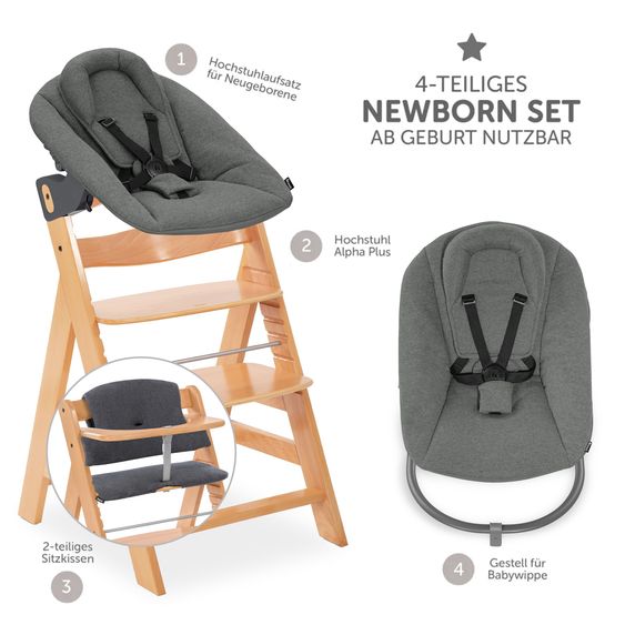Hauck Alpha Plus Set Newborn 4 pz. Seggiolone + 2in1 Adattatore Neonato & Dondolo Premium + Cuscino Seduta Deluxe - Natur