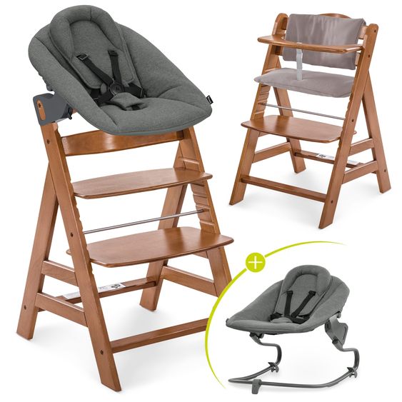 Hauck Alpha Plus Set Nouveau-Né 4 Pièces - Chaise Haute + 2in1 Adaptateur Nouveau-Né & Bascule Premium + Coussin De Siège Deluxe - Gris Foncé - Noix