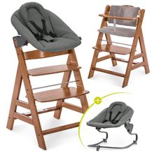 Alpha Plus Set Newborn 4 pz. Seggiolone + 2in1 Adattatore Neonato & Dondolo Premium + Cuscino Seduta Deluxe - Grigio scuro - Noce