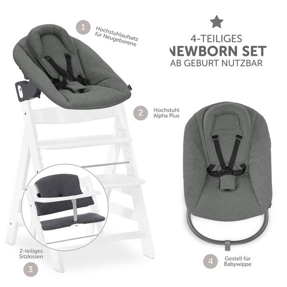 Hauck Alpha Plus Set Nouveau-Né 4 Pièces - Chaise Haute + 2in1 Adaptateur Nouveau-Né & Transat Premium + Coussin De Siège Deluxe - Blanc
