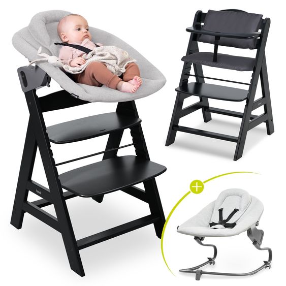 Hauck Alpha Plus 4-pc. Newborn Set - High Chair + 2in1 Newborn Attachment & Rocker Premium + Seat Cushion Deluxe - Black