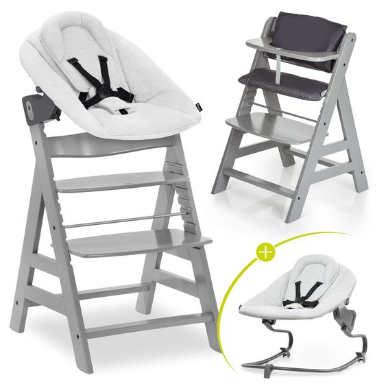 Hauck Alpha Plus 4-pc. Newborn Set - High Chair + 2in1 Newborn Attachment & Rocker Premium + Seat Cushion Deluxe - Grey