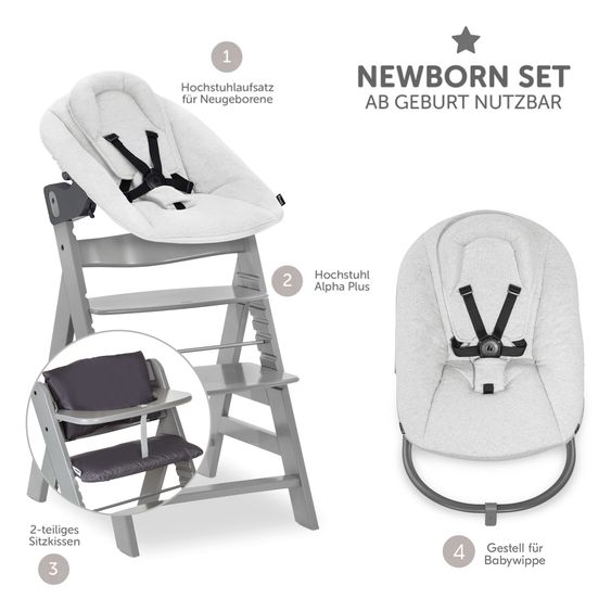 Hauck Alpha Plus 4-pc. Newborn Set - High Chair + 2in1 Newborn Attachment & Rocker Premium + Seat Cushion Deluxe - Grey