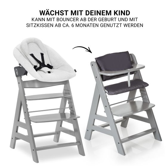 Hauck Alpha Plus 4-pc. Newborn Set - High Chair + 2in1 Newborn Attachment & Rocker Premium + Seat Cushion Deluxe - Grey