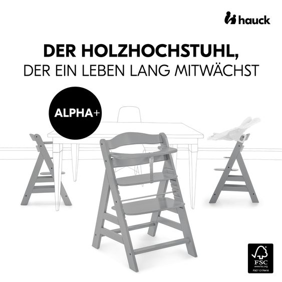 Hauck Alpha Plus 4-pc. Newborn Set - High Chair + 2in1 Newborn Attachment & Rocker Premium + Seat Cushion Deluxe - Grey