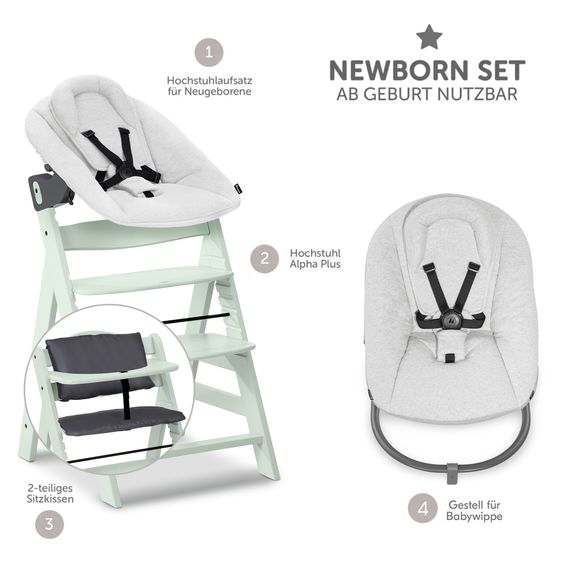 Hauck Alpha Plus 4-pc. Newborn Set - High Chair + 2in1 Newborn Attachment & Rocker Premium + Seat Cushion Deluxe - Mint