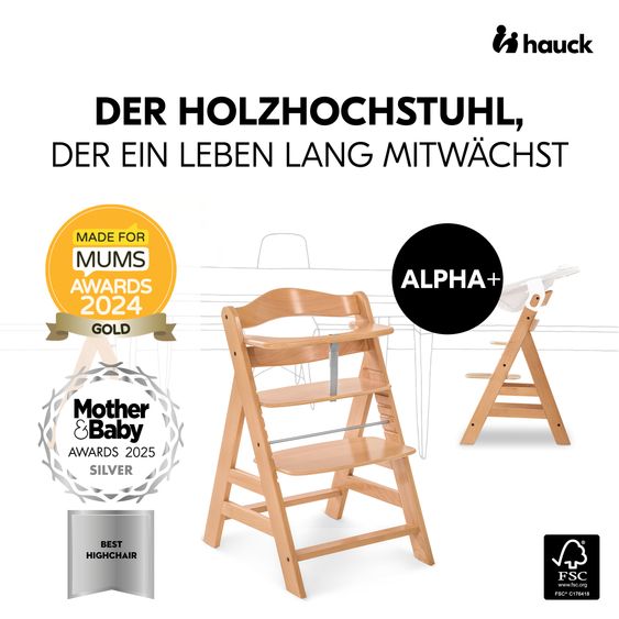 Hauck Alpha Plus 4-pc. Newborn Set - High Chair + 2in1 Newborn Attachment & Rocker Premium + Seat Cushion Deluxe - Nature