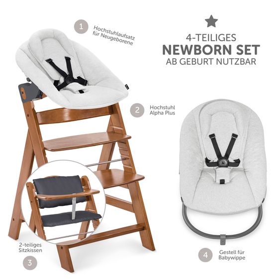 Hauck Alpha Plus 4-pc. Newborn Set - High Chair + 2in1 Newborn Attachment & Rocker Premium + Seat Cushion Deluxe - Walnut