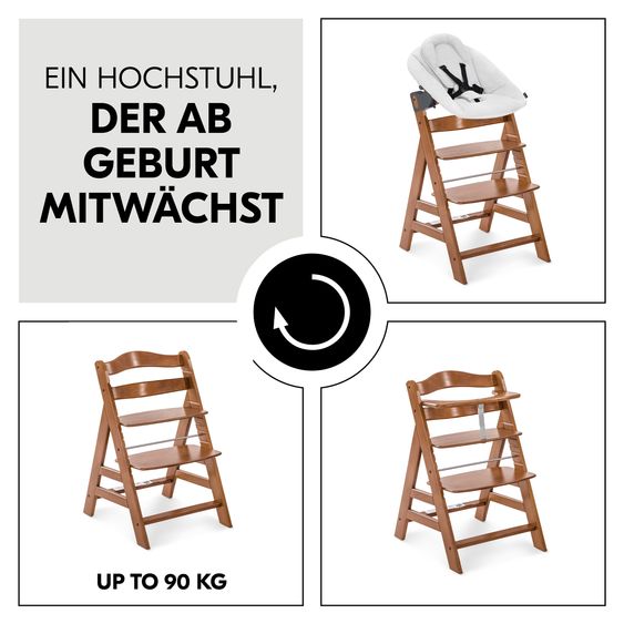 Hauck Alpha Plus 4-pc. Newborn Set - High Chair + 2in1 Newborn Attachment & Rocker Premium + Seat Cushion Deluxe - Walnut