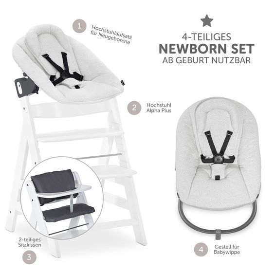 Hauck Alpha Plus 4-pc. Newborn Set - High Chair + 2in1 Newborn Attachment & Rocker Premium + Seat Cushion Deluxe - White