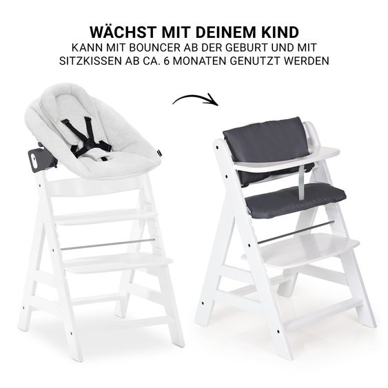 Hauck Alpha Plus 4-pc. Newborn Set - High Chair + 2in1 Newborn Attachment & Rocker Premium + Seat Cushion Deluxe - White