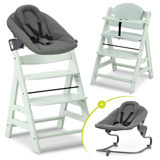Hauck Alpha Plus 4-pcs. Newborn Set - Highchair + 2in1 Newborn Insert & Rocker Premium + Seat Cushion Muslin - Dark Grey - Mint