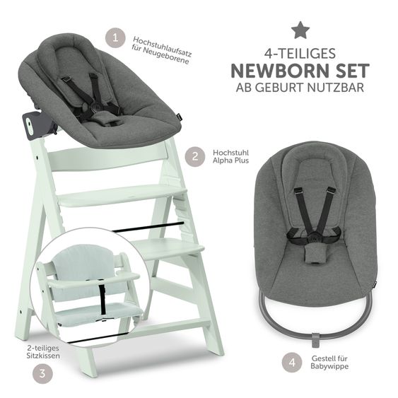 Hauck Alpha Plus 4-pcs. Newborn Set - Highchair + 2in1 Newborn Insert & Rocker Premium + Seat Cushion Muslin - Dark Grey - Mint