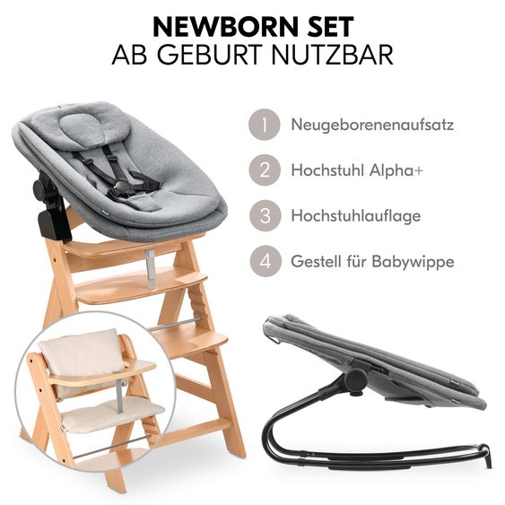 Hauck Alpha Plus 4-tlg. Newborn Set - Hochstuhl + 2in1 Neugeborenenaufsatz & Wippe + Sitzkissen Deluxe - Dark Grey Melange - Natur