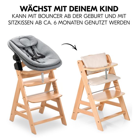Hauck Alpha Plus 4-tlg. Newborn Set - Hochstuhl + 2in1 Neugeborenenaufsatz & Wippe + Sitzkissen Deluxe - Dark Grey Melange - Natur