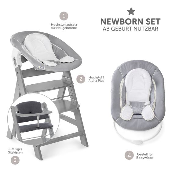 Hauck Alpha Plus 4-tlg. Newborn Set - Hochstuhl + 2in1 Neugeborenenaufsatz & Wippe + Sitzkissen Deluxe - Grey