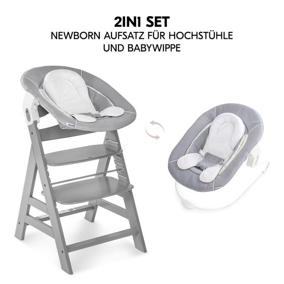 Hauck Alpha Plus 4-tlg. Newborn Set - Hochstuhl + 2in1 Neugeborenenaufsatz & Wippe + Sitzkissen Deluxe - Grey