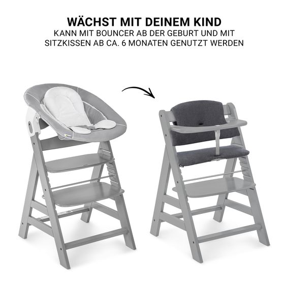 Hauck Alpha Plus 4-tlg. Newborn Set - Hochstuhl + 2in1 Neugeborenenaufsatz & Wippe + Sitzkissen Deluxe - Grey