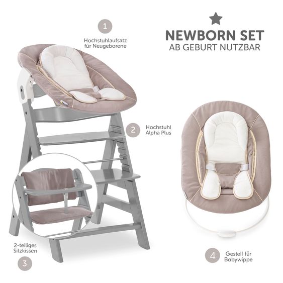 Hauck Alpha Plus 4-pc. Newborn Set - High Chair + 2in1 Newborn Insert & Rocker + Deluxe Seat Cushion - Grey