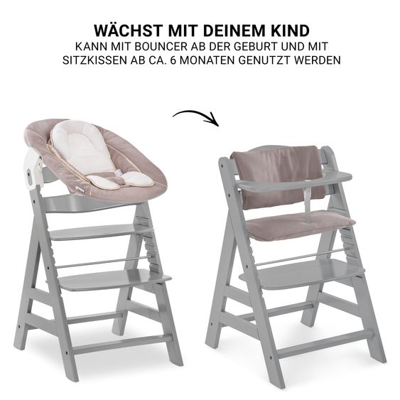 Hauck Alpha Plus 4-pc. Newborn Set - High Chair + 2in1 Newborn Insert & Rocker + Deluxe Seat Cushion - Grey
