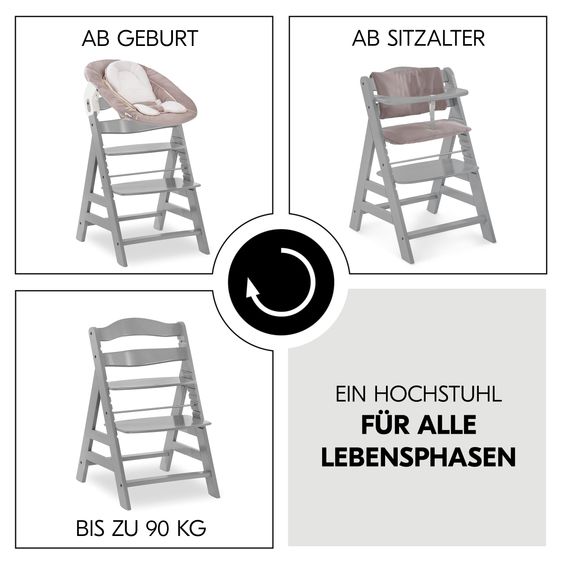 Hauck Alpha Plus 4-pc. Newborn Set - High Chair + 2in1 Newborn Insert & Rocker + Deluxe Seat Cushion - Grey