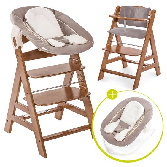 Hauck Alpha Plus Set Newborn 4 pz. Seggiolone + 2in1 Riduttore Neonato & Dondolo + Cuscino Deluxe - Stretch Beige - Noce