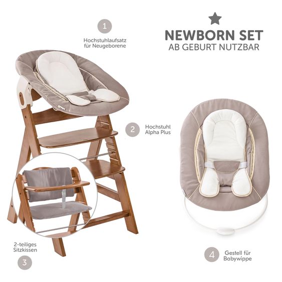 Hauck Alpha Plus Set Newborn 4 pz. Seggiolone + 2in1 Riduttore Neonato & Dondolo + Cuscino Deluxe - Stretch Beige - Noce