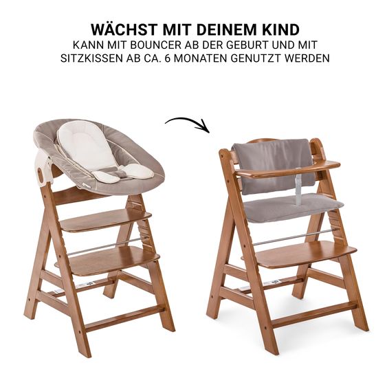 Hauck Alpha Plus Set Newborn 4 pz. Seggiolone + 2in1 Riduttore Neonato & Dondolo + Cuscino Deluxe - Stretch Beige - Noce