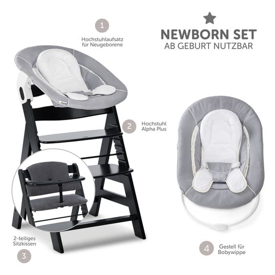 Hauck Alpha Plus Set Newborn 4 pz. Seggiolone + 2in1 Riduttore Neonato & Dondolo + Cuscino Deluxe - Nero