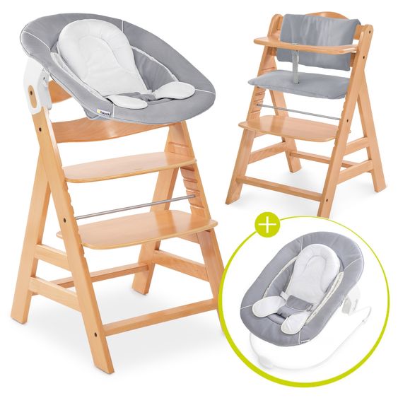 Hauck Alpha Plus 4-pc. Newborn Set - High Chair + 2in1 Newborn Insert & Rocker + Deluxe Seat Cushion - Stretch Grey - Nature
