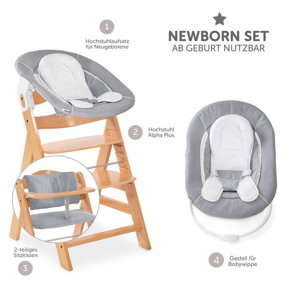 Hauck Alpha Plus 4-pc. Newborn Set - High Chair + 2in1 Newborn Insert & Rocker + Deluxe Seat Cushion - Stretch Grey - Nature