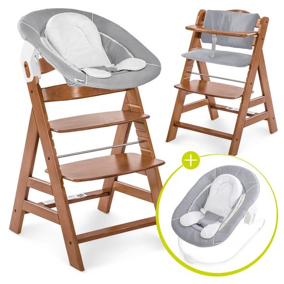 Hauck Alpha Plus 4-pcs. Newborn Set - High Chair + 2in1 Newborn Attachment & Rocker + Deluxe Seat Cushion - Stretch Grey - Walnut