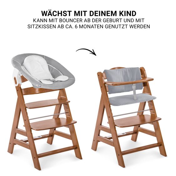 Hauck Alpha Plus 4-pcs. Newborn Set - High Chair + 2in1 Newborn Attachment & Rocker + Deluxe Seat Cushion - Stretch Grey - Walnut