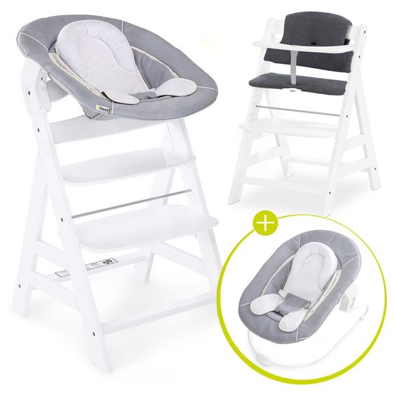 Hauck Alpha Plus Set Nouveau-Né 4 Pièces - Chaise Haute + 2in1 Adaptateur Nouveau-Né & Transat + Coussin De Siège Deluxe - Blanc