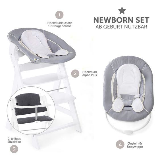 Hauck Alpha Plus Set Nouveau-Né 4 Pièces - Chaise Haute + 2in1 Adaptateur Nouveau-Né & Transat + Coussin De Siège Deluxe - Blanc