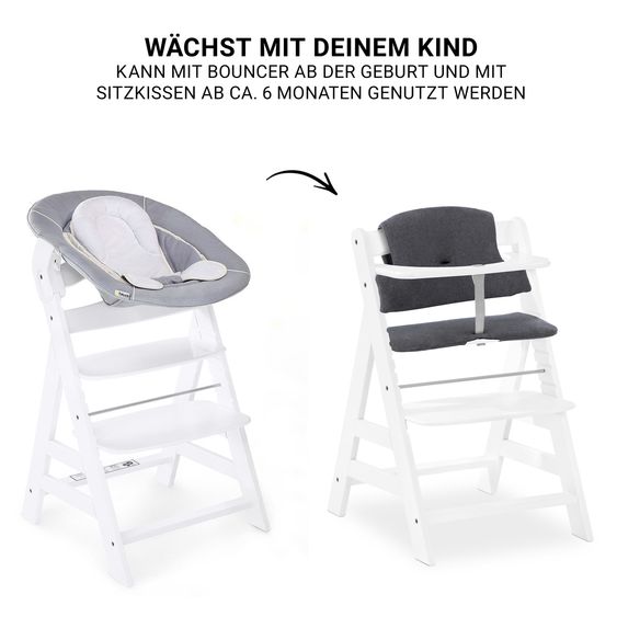 Hauck Alpha Plus Set Nouveau-Né 4 Pièces - Chaise Haute + 2in1 Adaptateur Nouveau-Né & Transat + Coussin De Siège Deluxe - Blanc