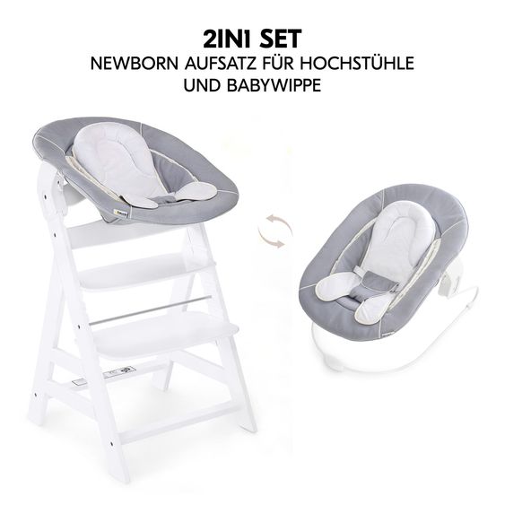 Hauck Alpha Plus Set Nouveau-Né 4 Pièces - Chaise Haute + 2in1 Adaptateur Nouveau-Né & Transat + Coussin De Siège Deluxe - Blanc
