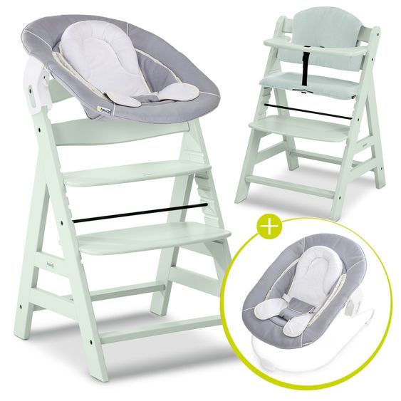 Hauck Alpha Plus 4-pcs. Newborn Set High Chair + 2in1 Newborn Insert & Rocker + Muslin Seat Cushion - Stretch Grey - Mint
