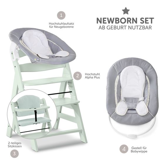 Hauck Alpha Plus 4-pcs. Newborn Set High Chair + 2in1 Newborn Insert & Rocker + Muslin Seat Cushion - Stretch Grey - Mint