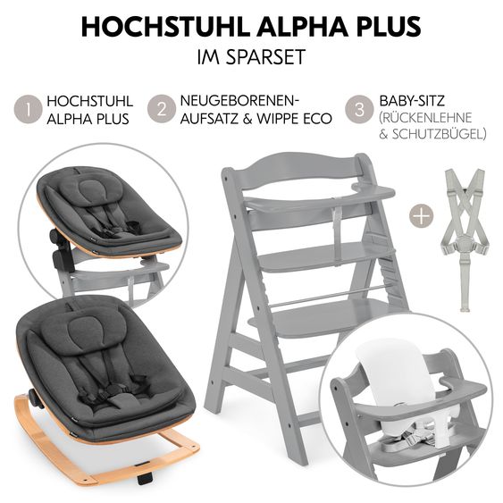 Hauck Alpha Plus Set Neonato 4 pz. - Seggiolone + Adattatore Neonato & Dondolo Eco + Baby Seat - Grigio
