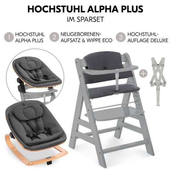 Hauck Alpha Plus Set Neonato 4 pz. - Seggiolone + Riduttore Neonato & Dondolo Eco + Cuscino Seduta - Grigio