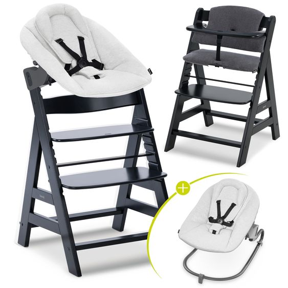 Hauck Alpha Plus 4-tlg. Newborn Set - Hochstuhl + Neugeborenenaufsatz & Wippe + Sitzkissen - Black