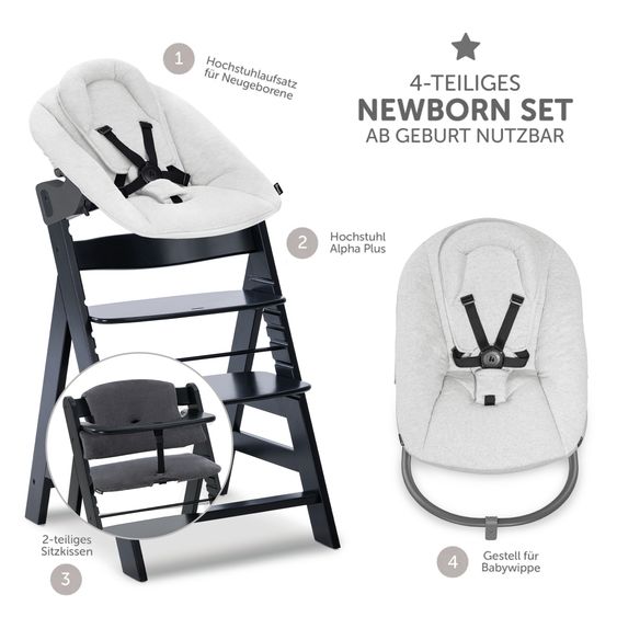 Hauck Alpha Plus 4-tlg. Newborn Set - Hochstuhl + Neugeborenenaufsatz & Wippe + Sitzkissen - Black