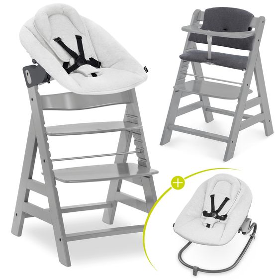 Hauck Alpha Plus 4-tlg. Newborn Set - Hochstuhl + Neugeborenenaufsatz & Wippe + Sitzkissen - Grey