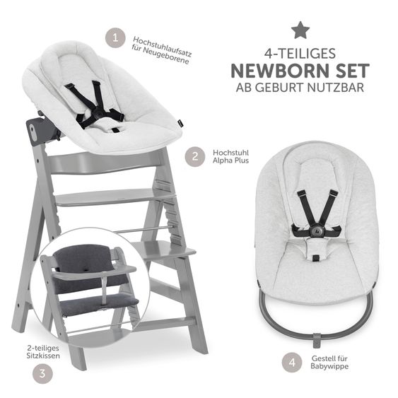 Hauck Alpha Plus 4-tlg. Newborn Set - Hochstuhl + Neugeborenenaufsatz & Wippe + Sitzkissen - Grey