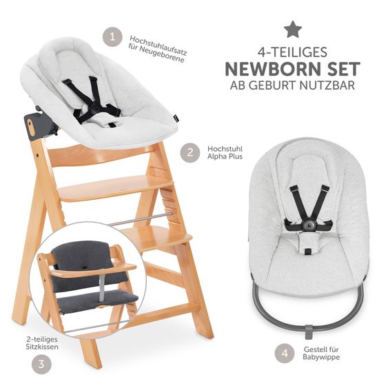Hauck Alpha Plus Set Neonato 4 pz. - Seggiolone + Riduttore per neonati & Dondolo + Cuscino per seduta - Natur