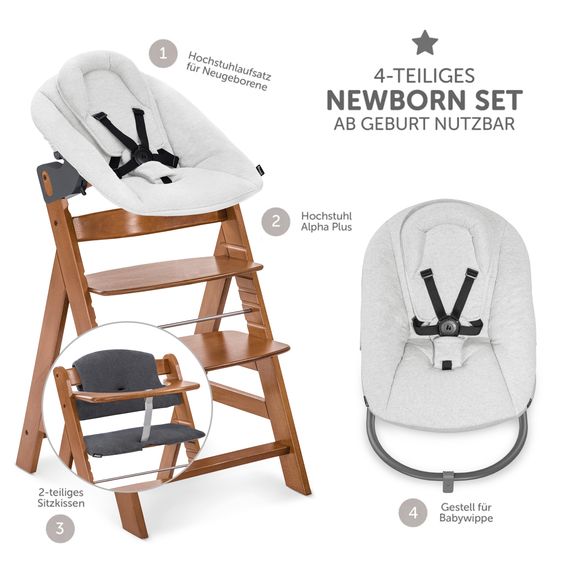 Hauck Alpha Plus 4-tlg. Newborn Set - Hochstuhl + Neugeborenenaufsatz & Wippe + Sitzkissen - Walnut