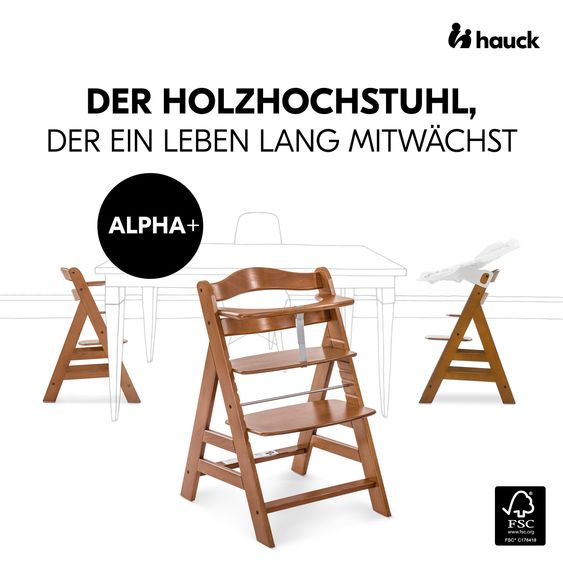 Hauck Alpha Plus 4-tlg. Newborn Set - Hochstuhl + Neugeborenenaufsatz & Wippe + Sitzkissen - Walnut