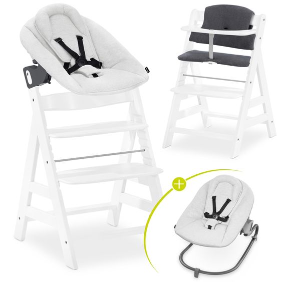 Hauck Alpha Plus 4-tlg. Newborn Set - Hochstuhl + Neugeborenenaufsatz & Wippe + Sitzkissen - White